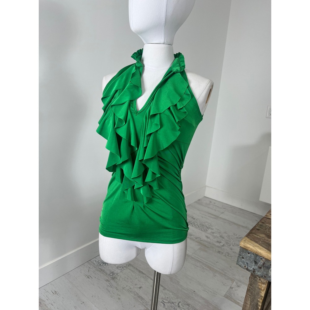 Y2K Body Central Womens Green Ruffle High Neck Sleeveless Ruched Top Medium